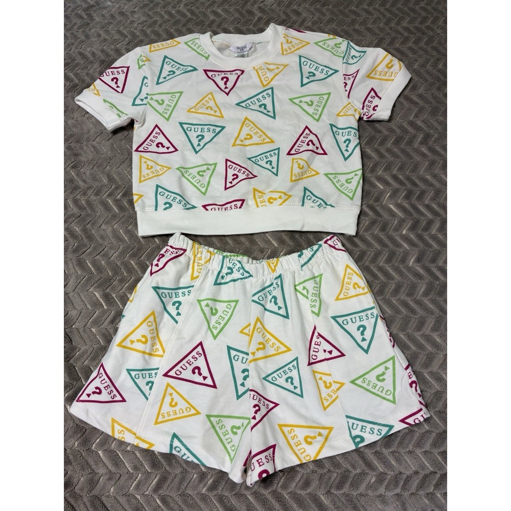 Guess Girls Top & Shorts Medium 10-12 Logo Pockets Cotton Blend Classic Colorful